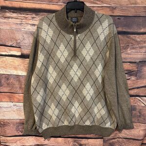 Joe Joseph Abboud Mens Brown Argyle 1/4 Zip Pullover Sweater Mock Neck XL Cotton